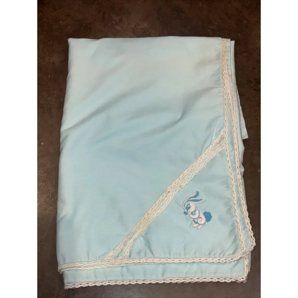 Vtg 60s 70s Baby Blanket Blue Embroidered Bunny Crochet Lace Cottagecore 43x39”